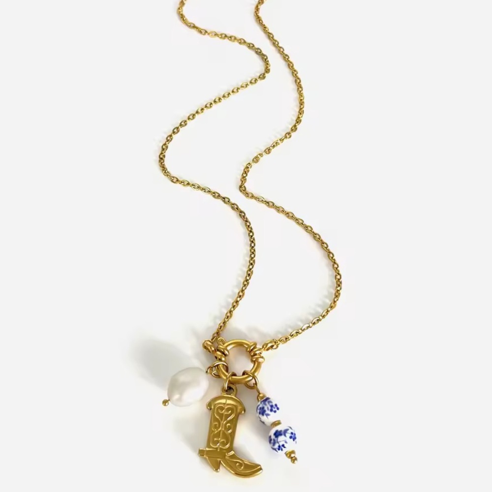Anthropologie stainless steel ceramic unique Gold Charm Necklace with Boot